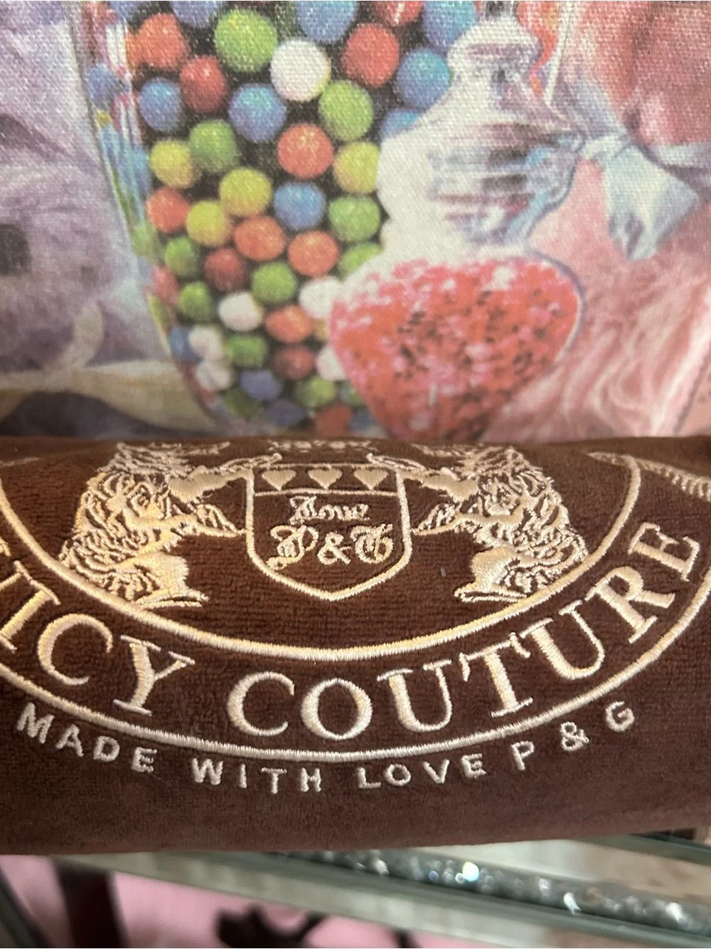 Vintage 2004 Juicy Couture Brown Velour Pink Leather Barrel Cosmetic Tootsie Bag
